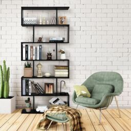Costway 6-tier Bookcase Industrial S-Shaped Bookshelf Wooden Storage Display Rack in Black - thumbnail 3