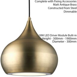 Loops LED Ceiling Pendant Light 18W Cool White Bulb Matt Brass Hanging Dome Shade - thumbnail 2