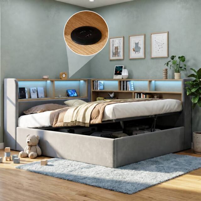 Merax 4ft6 Double L-Shaped Daybed with Headboard Storage, LED & USB Ports in Grey - image 1