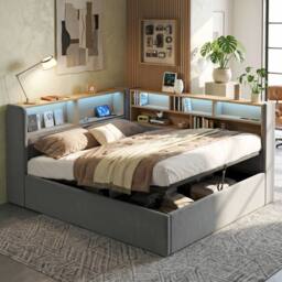 Merax 4ft6 Double L-Shaped Daybed with Headboard Storage, LED & USB Ports in Grey - thumbnail 2