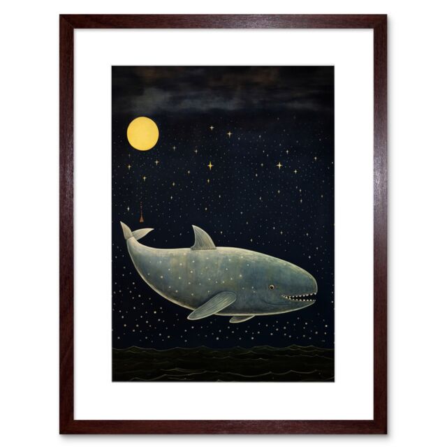 "Artery8 Wall Art Print Whale Breach at Full Moon Reach for the Stars Conceptual Artwork Kids Bedroom Artwork Framed 9X7 Inch - Size: W7"" x H9""" - image 1