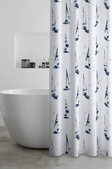 Catherine Lansfield 'Salcombe Boats' Shower Curtain in White - Size: 180 cm width x 180 cm drop - image 1