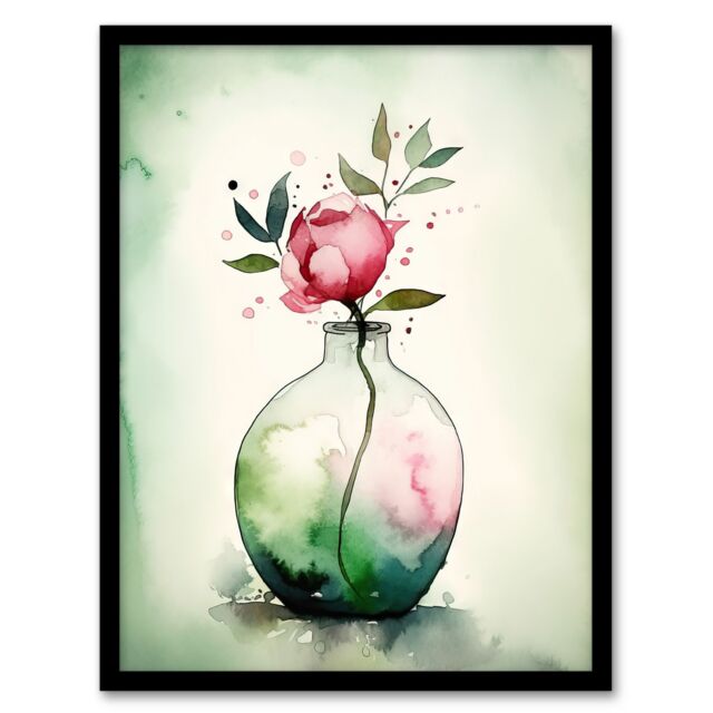 Artery8 Wall Art Print A Single Rose In A Glass Vase Watercolour Painting Green Pink Valentines Day Flower Romance Nature Colourful Bright Floral - image 1
