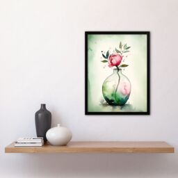 Artery8 Wall Art Print A Single Rose In A Glass Vase Watercolour Painting Green Pink Valentines Day Flower Romance Nature Colourful Bright Floral - thumbnail 4
