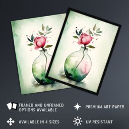 Artery8 Wall Art Print A Single Rose In A Glass Vase Watercolour Painting Green Pink Valentines Day Flower Romance Nature Colourful Bright Floral - thumbnail 2