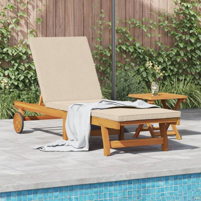 Berkfield Home Sun Lounger with Wheels & Cushion in Beige, Made of Solid Wood in Brown - image 1