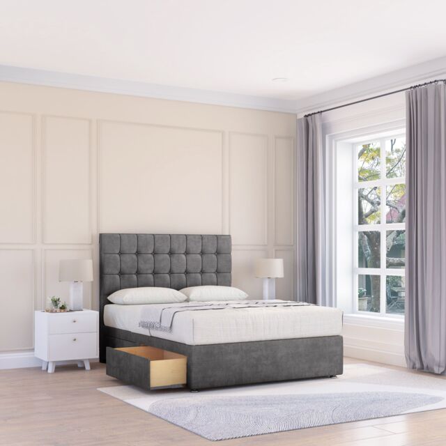 "Sloomy Alabama Plush Bed Set With 4 Drawers, Mattress & 54"" Headboard in Dark Grey - Size: Small Double" - image 1
