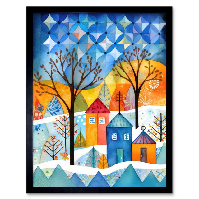 "Artery8 Wall Art Print Abstract Winter Snowfall Folk Art Framed in Black - Size: W12"" x H16""" - image 1