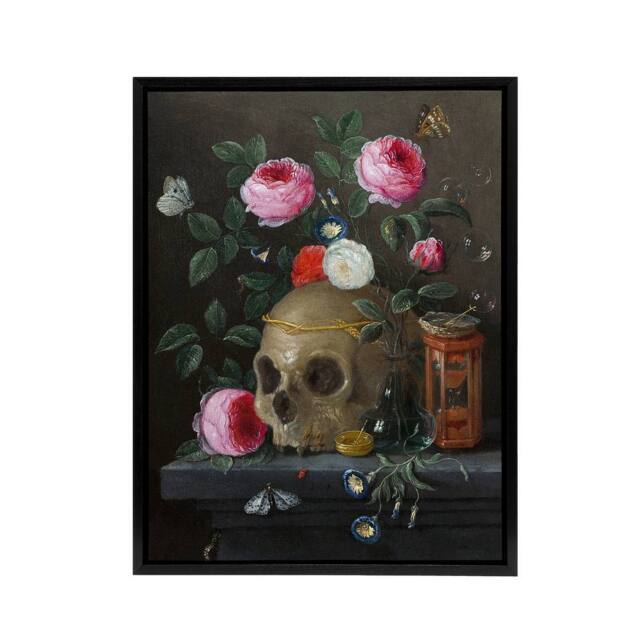 "Artery8 Vanitas Still Life With Skull Jan van Kessel Black Framed Canvas Art - Size: W12"" x H16""" - image 1