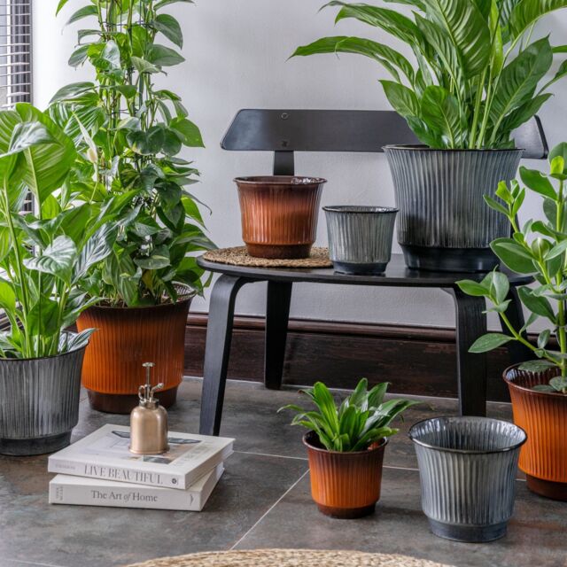 Ivyline Jasper Metal Ribbed Tapered Burnt Orange Planter Set of 4 - image 1