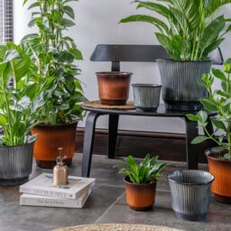 Ivyline Jasper Metal Ribbed Tapered Burnt Orange Planter Set of 4