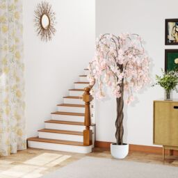 Gymax 163CM Tall Artificial Cherry Blossom Tree in Nursery Pot White Flower - thumbnail 5