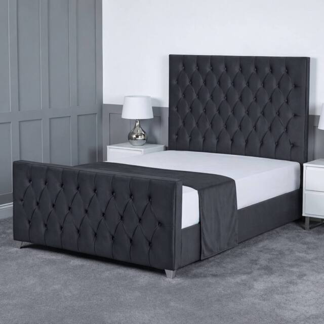 Living Comfort Bedz Vertex Plush Velvet Upholstered Bed Slatted Base with 48Inch Headboard in Charcoal - Size: Double - image 1