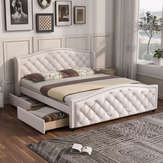 Matteo Upholstered Bed with Slatted Frame, 2 Drawers in White - Size: Double - image 1