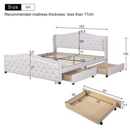 Matteo Upholstered Bed with Slatted Frame, 2 Drawers in White - Size: Double - thumbnail 6