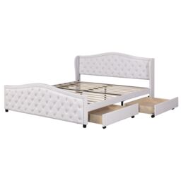 Matteo Upholstered Bed with Slatted Frame, 2 Drawers in White - Size: Double - thumbnail 9