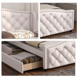 Matteo Upholstered Bed with Slatted Frame, 2 Drawers in White - Size: Double - thumbnail 3
