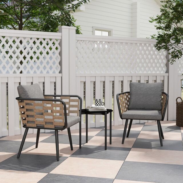 OUTSUNNY 3 Pieces Rattan Bistro Set, Wicker Garden Furniture Set w/ Cushions in Black