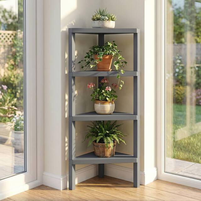Costway Freestanding Plant Stand 4-Tier Corner Bookshelf Wooden Display Rack in Grey - image 1