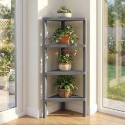 Costway Freestanding Plant Stand 4-Tier Corner Bookshelf Wooden Display Rack in Grey - thumbnail 1