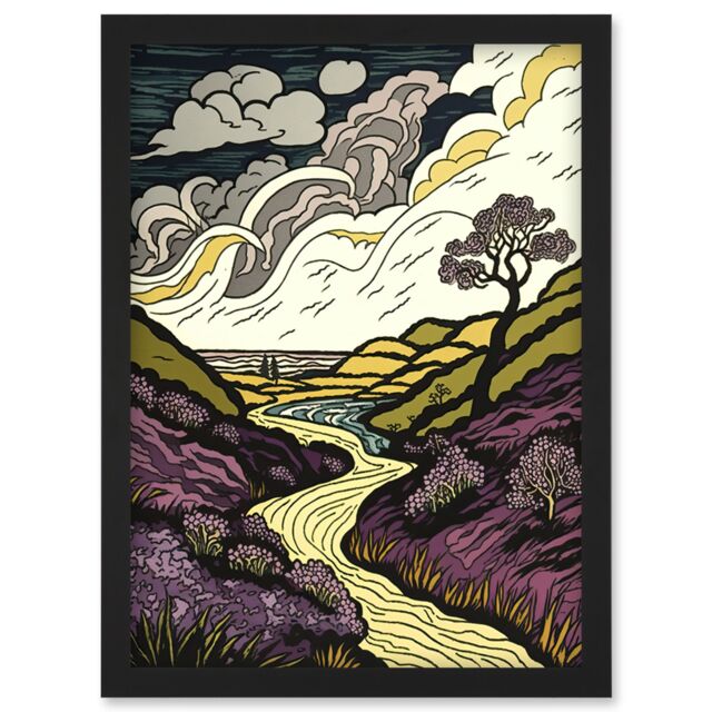 Artery8 Scottish Countryside Path with Purple Heather Artwork Framed Wall Art Print A4 in Black - image 1