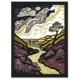 Artery8 Scottish Countryside Path with Purple Heather Artwork Framed Wall Art Print A4 in Black - thumbnail 1