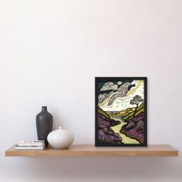 Artery8 Scottish Countryside Path with Purple Heather Artwork Framed Wall Art Print A4 in Black - thumbnail 2