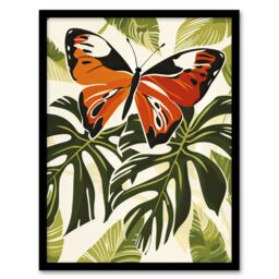 "Artery8 Orange Monarch Butterfly on Monstera Plant Design Framed Art Print in Green - Size: W12"" x H16""" - thumbnail 1
