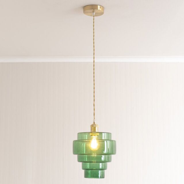 ValueLights Lane Glass 5 Tier Shade Brushed Gold Single Ceiling Pendant Light in Bright Green
