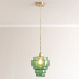 ValueLights Lane Glass 5 Tier Shade Brushed Gold Single Ceiling Pendant Light in Bright Green