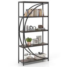 Gymax 5-Tier Industrial Bookshelf Wooden Bookcase With Open Shelves in Brown - thumbnail 1