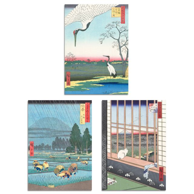 Artery8 Set of 3 Hiroshige Ricefields Green Blue Japanese Wall Art Prints - Size: A3 - image 1