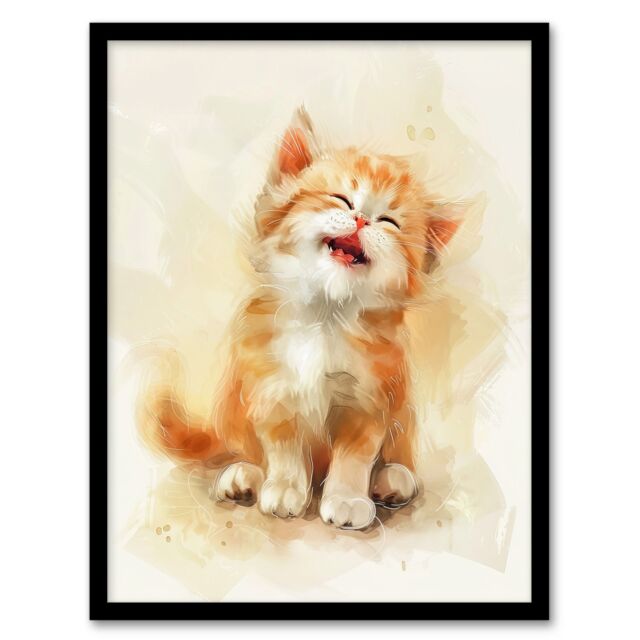 "Artery8 Cat Lover Cute Happy Fluffy Ginger Ragdoll Kitten Framed Wall Art in Orange - Size: W12"" x H16""" - image 1