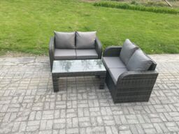 Fimous Outdoor Garden Furniture Sets Wicker Rattan Furniture Sofa Sets with Rectangular Coffee Table in Dark Grey - thumbnail 1