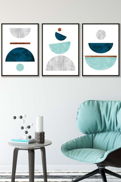 ARTZE Teal, Mint Green & Grey Abstract Mid Century Geometric Framed Wall Art - Medium in Black - Size: W45 cm x H62 cm x D20mm - image 1