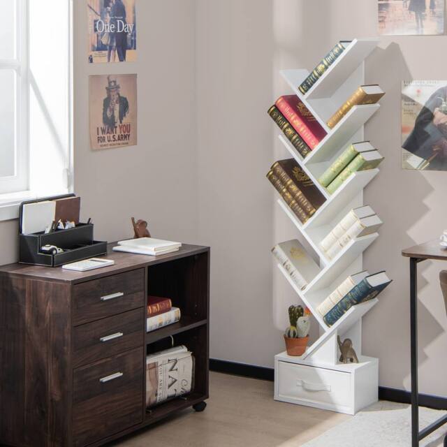CASART Wooden Tree Bookshelf Narrow Bookcase w/10 Shelves Folding Drawer in White - image 1
