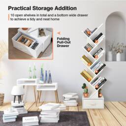CASART Wooden Tree Bookshelf Narrow Bookcase w/10 Shelves Folding Drawer in White - thumbnail 2