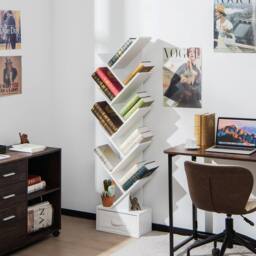 CASART Wooden Tree Bookshelf Narrow Bookcase w/10 Shelves Folding Drawer in White - thumbnail 3