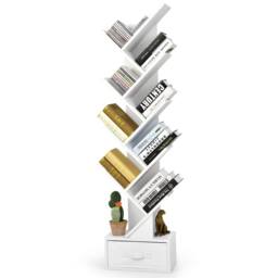 CASART Wooden Tree Bookshelf Narrow Bookcase w/10 Shelves Folding Drawer in White - thumbnail 9