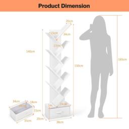 CASART Wooden Tree Bookshelf Narrow Bookcase w/10 Shelves Folding Drawer in White - thumbnail 6