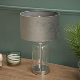ValueLights Jessy Chrome Glass Table Lamp With Grey Shade in Silver