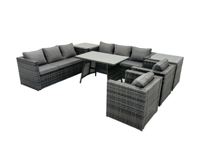 Fimous Rattan Dining Table Sofa Set with 2 Side Tables Outdoor 8 Seat in Dark Grey - image 1