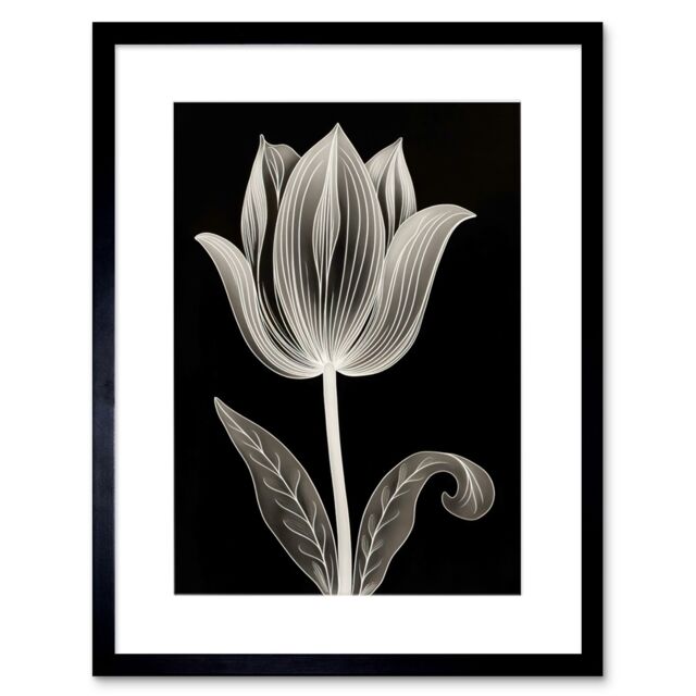 "Artery8 Wall Art Print A Single Tulip Flower Black & White Folk Artwork Framed 9X7 Inch - Size: W7"" x H9""" - image 1