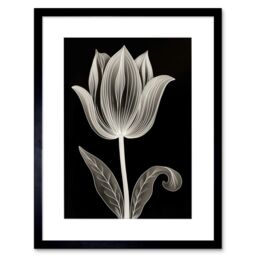 "Artery8 Wall Art Print A Single Tulip Flower Black & White Folk Artwork Framed 9X7 Inch - Size: W7"" x H9""" - thumbnail 1