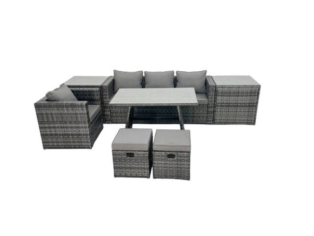 Fimous Rattan Dining Table Sofa Set with 2 Side Tables 2 Footstools Outdoor in Dark Grey - image 1