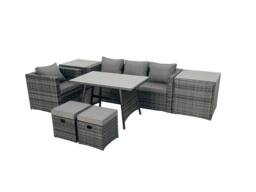 Fimous Rattan Dining Table Sofa Set with 2 Side Tables 2 Footstools Outdoor in Dark Grey - thumbnail 2