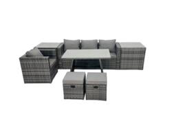 Fimous Rattan Dining Table Sofa Set with 2 Side Tables 2 Footstools Outdoor in Dark Grey - thumbnail 1