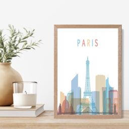 ARTZE Paris Colourful City Skyline Framed Print SIZE: A2 with Oak Frame in Pale Blue - Size: A4 - thumbnail 2