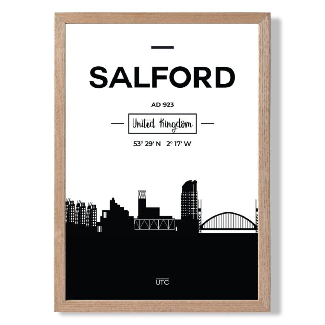 ARTZE Salford Black & White City Skyline Framed Print SIZE: A3 with Oak Frame - Size: A4 - image 1