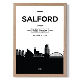ARTZE Salford Black & White City Skyline Framed Print SIZE: A3 with Oak Frame - Size: A4